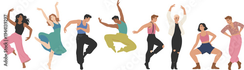 Cartoon diverse dancers in colorful outfits striking energetic poses in joyful creative dance celebration design