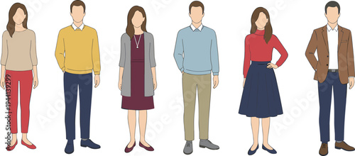 Cartoon diverse adults in casual and business casual outfits showcasing workplace and lifestyle fashion design