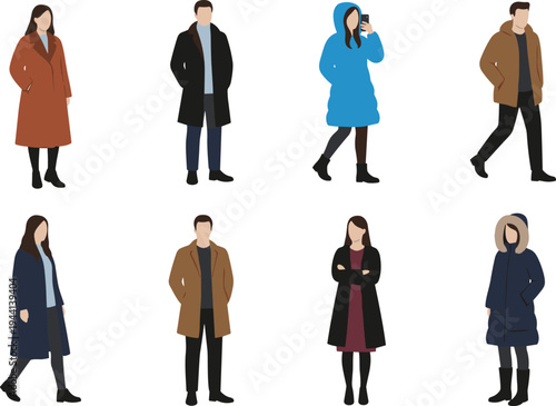 Cartoon diverse people in winter coats and jackets showcasing seasonal fashion and outdoor clothing design