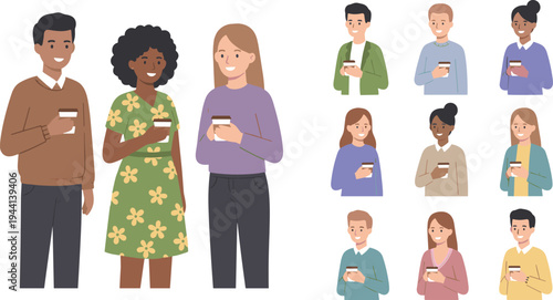 Cartoon diverse people holding cups of coffee and tea in friendly casual social gathering design