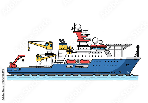 Modern research vessel with cranes and helideck sailing on the ocean