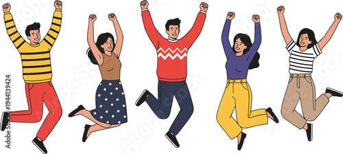 Cartoon diverse people jumping with raised arms in joyful celebration and success achievement design