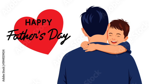 Happy fathers day illustration of a man and boy embracing with heart