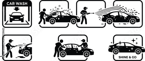 Professional Car Wash and Auto Detailing Icon Set Featuring Staff Power Washing Scrubbing Waxing and Polishing Vehicles for Shine and Go Maintenance Silhouettes