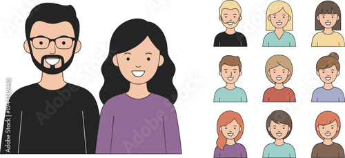 Cartoon diverse people portraits with men and women in colorful clothing and friendly avatar design