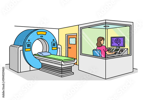 Medical technician operates MRI scanner and reviews brain scan results on computer screen