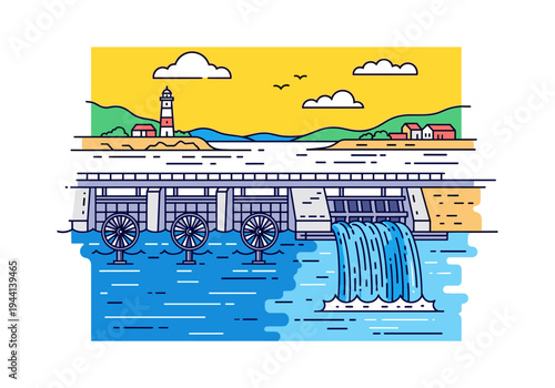 Stylized illustration of a hydroelectric dam with a lighthouse and village in the background