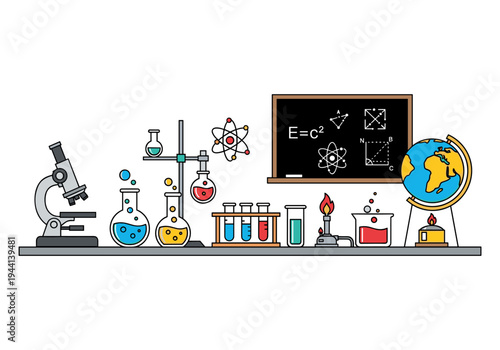 Science laboratory equipment and symbols for education and research concepts