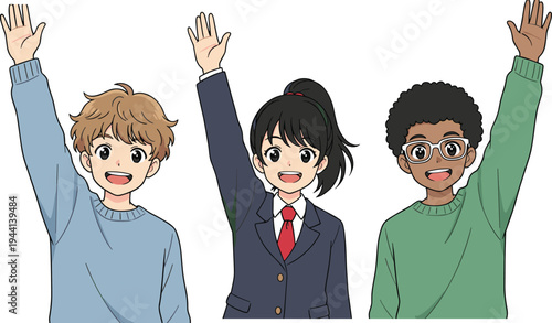 Cartoon diverse students raising hands in classroom participation and group activity design
