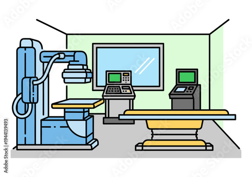 Modern medical imaging room with advanced diagnostic equipment and patient examination table