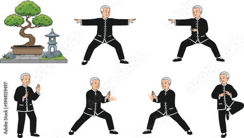 Cartoon elderly person practicing Tai Chi poses with bonsai tree in mindfulness and cultural wellness design
