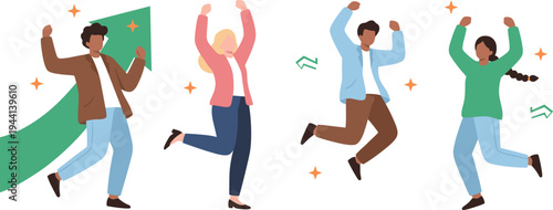 Cartoon people jumping with sparkles, arrows, and growth graph in playful teamwork and success celebration design