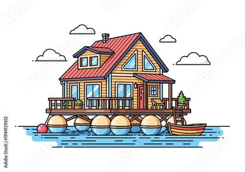 Charming floating house with a small boat docked and clouds in the sky