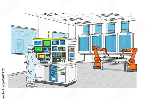 Cleanroom manufacturing facility with robotic arms and technician operating control panel