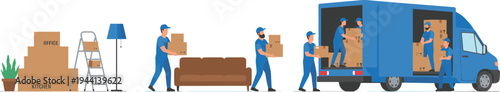 Cartoon people moving boxes with truck, furniture, and teamwork in cheerful relocation and logistics design