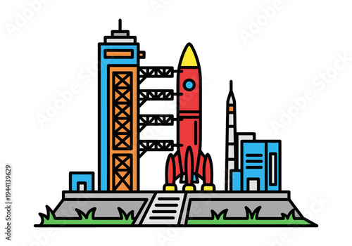 Space rocket launchpad with tall buildings and a red rocket ready for liftoff