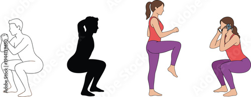 Cartoon people performing squats, high knees, and workout poses in fitness and exercise training design