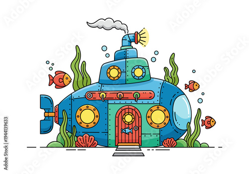 Colorful cartoon submarine exploring the ocean floor with fish and seaweed