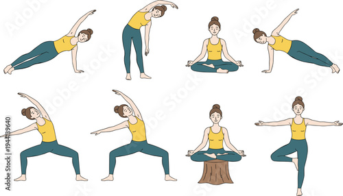 Cartoon person practicing yoga poses including plank, warrior, tree, and meditation in fitness and mindfulness design
