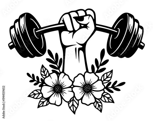 Strong Female Hand Holding Barbell With Flowers, Women Empowerment Fitness Graphic, Weightlifting Girl Power Design, Gym Workout Vector