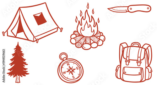 Camping Gear Icons Set Tent Campfire Backpack Compass Pine Tree Knife Outdoor Adventure