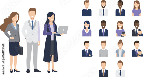 Cartoon professional avatars with diverse business people in suits, briefcase, laptop, and corporate portrait design