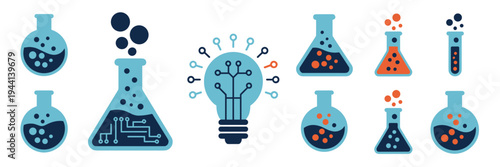 Scientific innovation icons with circuit flask - Perfect for R&D sites.