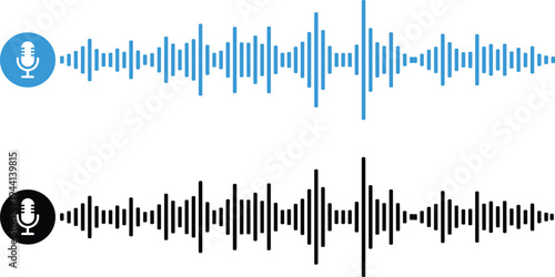 Cartoon audio waveforms with microphone icons symbolizing voice recording, sound editing, and communication design