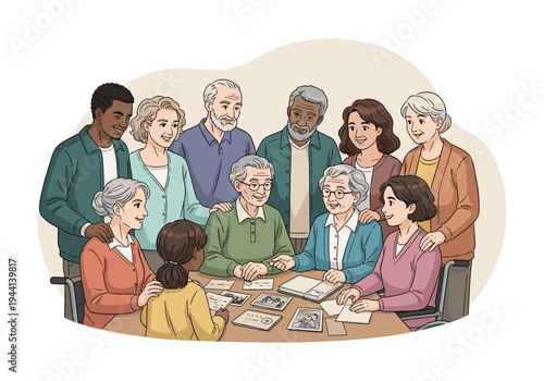Diverse group of people of different ages and ethnicities gathered around a table looking at photos