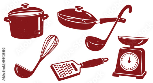 Kitchen Utensils Collection Red Silhouette Cooking Tools and Equipment