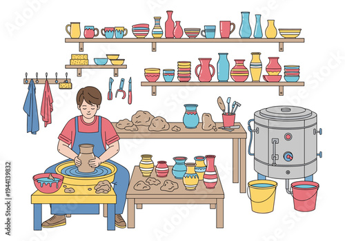 Artist skillfully shapes clay on pottery wheel in a bright studio with shelves of ceramics