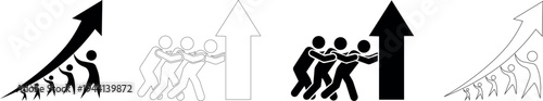 Business growth outline icon silhouette vector with people pushing arrows upwards representing teamwork and progress isolated on transparent background
