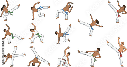 Cartoon Capoeira martial art movements with dancers in traditional white pants and colorful belts in dynamic design