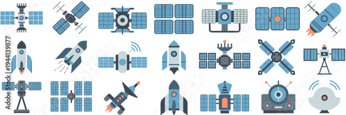 Satellite and rocket tech icon set – Perfect for space exploration news, startup branding, or satellite communication apps.