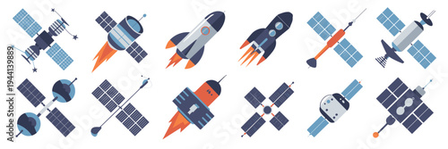 Universe and rocket technology icons – Suitable for aerospace infographics, sci-fi apps, or astronomy posters.