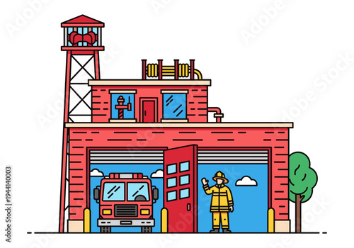 Firefighter waves hello outside a colorful fire station with a truck ready for action