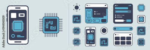Smartphone chip and interface icon set – Perfect for mobile tech reviews, UI/UX prototyping, or cellular branding.