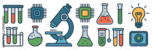 Laboratory gear and tech icon bundle – Suitable for chemical research articles, STEM education, or professional lab sites.