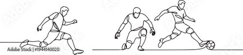 Minimalist vector illustration set of soccer players in dynamic action poses. Continuous line art