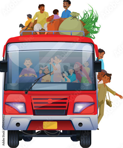 Overcrowded Rural Bus in India, Public Transport Bus Overloaded with Passengers in Rural India