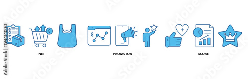 NPS icon set illustration contain net, promotor and score.