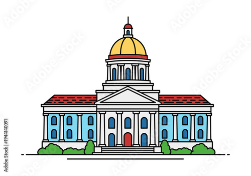 Stylized illustration of a government building with a dome and columns, representing civic architecture