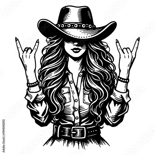 Rockstar Cowgirl Silhouette With Long Wavy Hair Wearing A Cowboy Hat And Making Rock On Hand Signs, Western Country Music Rebel Girl Design