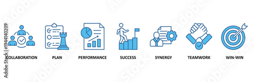 Partnership icon set illustration contain collaboration, plan, performance, success, synergy, team work and win-win.