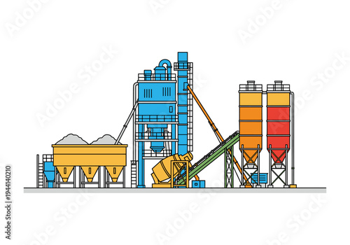 Modern concrete batching plant with silos, mixer, and conveyor belt, flat design