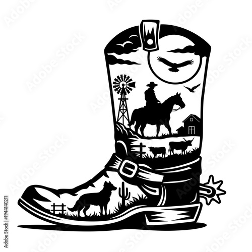 Traditional Cowboy Boot Silhouette Featuring A Western Ranch Landscape With A Rider On Horseback, Windmill, Barn, And Desert Wildlife Scenes