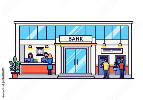 Modern bank building exterior with customers using ATMs and teller services inside