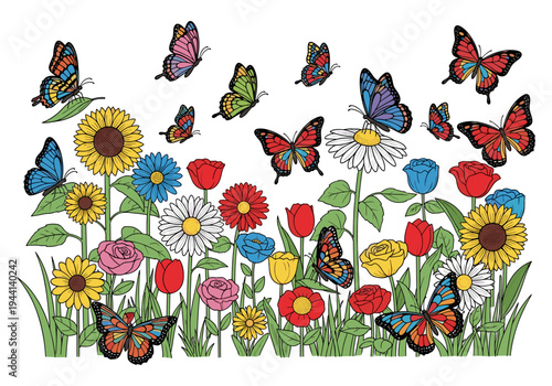 Vibrant garden scene with colorful butterflies fluttering among diverse blooming flowers and lush green grass