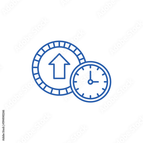 Coin with Upward Arrow and Clock Icon Representing Financial Growth and Time.