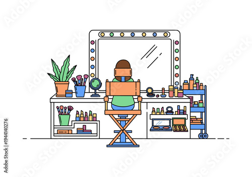 Backstage makeup artist station with illuminated mirror and diverse cosmetics